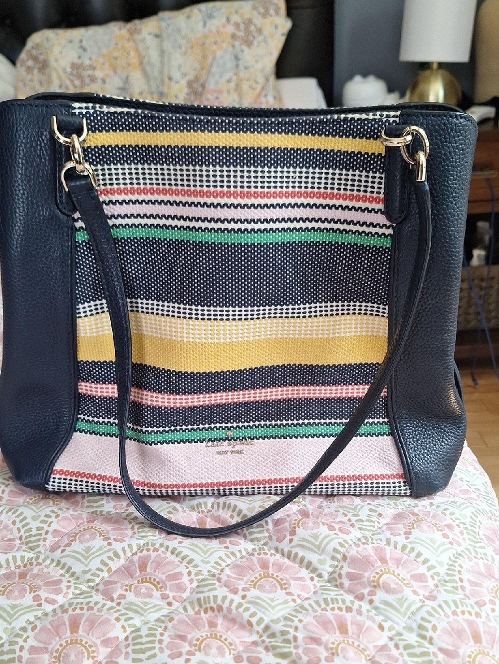 Striped Canvas & Leather Tote Bag - Navy, Yellow, Pink, Green